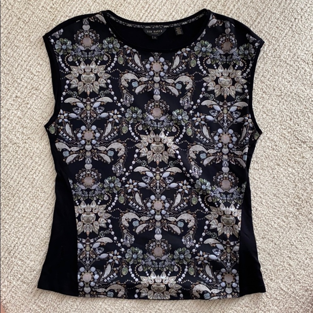 Ted Baker Blouse Black printed w Jewels and Gems